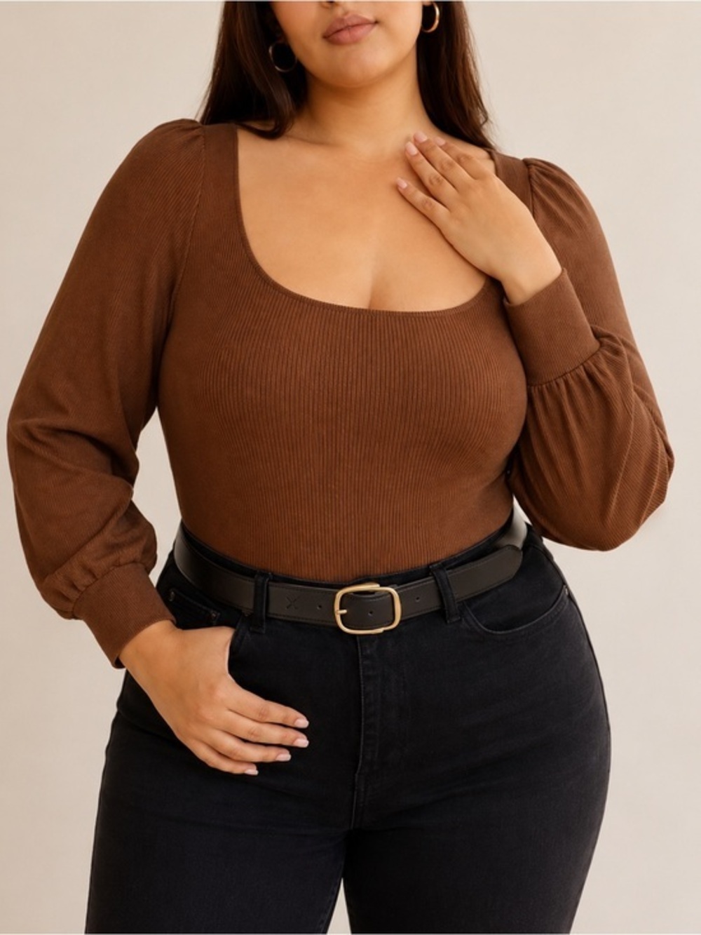 Reformation Ribbed Square Neck Top Brown Fitted Long Sleeve Stretch Blouse